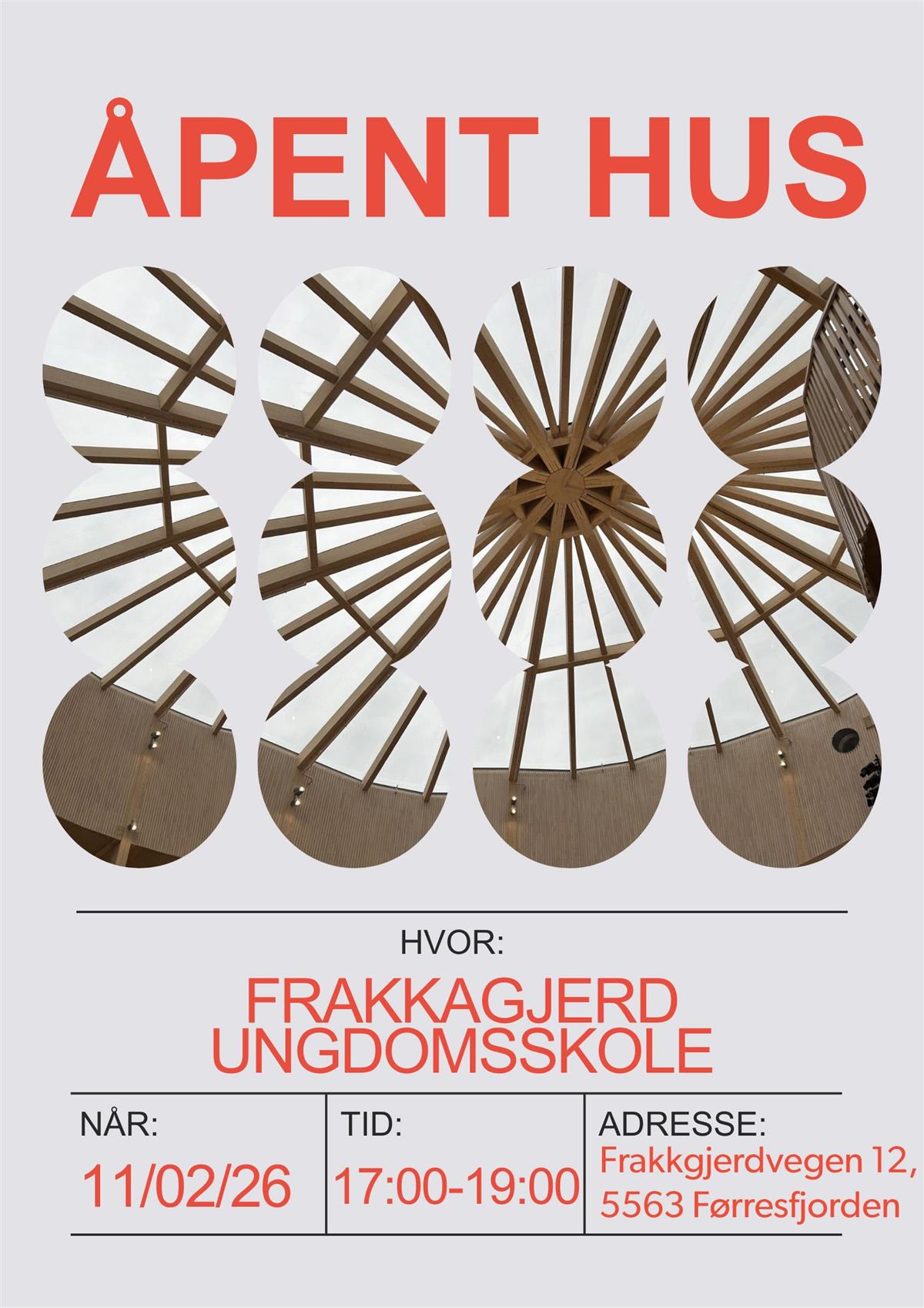 Plakat med informasjon om åpent hus på Frakkagjerd ungdomsskole - Klikk for stort bilde