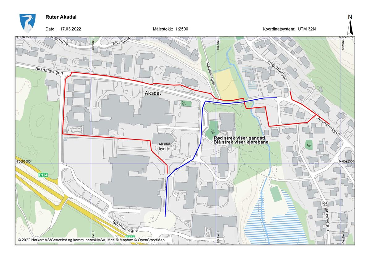 Kart over Aksdal og oppmerket endret kjøremønster - Klikk for stort bilde